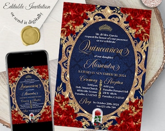 Beauty and the Beast Invitation, Editable template, one side 5x7" Quinceanera Invitation, Red Roses Navy Blue Gold, Digital Invitation