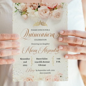 Blush Pink and Gold Quinceanera Invitation, Editable canva template, Floral Blush Pink, quince invites, mis quince, xv invitations, Digital
