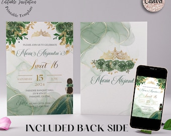 Emerald Green & Gold Sweet 16 Invitation: Floral Canva Template (Digital Download)