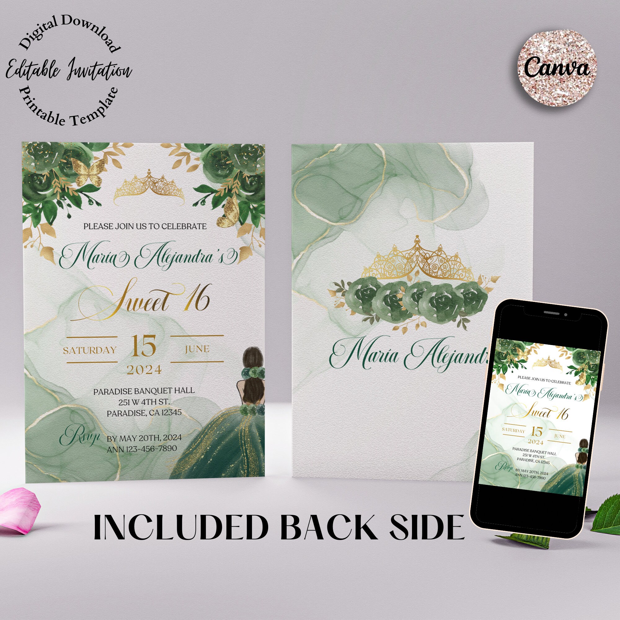 Emerald Green & Gold Sweet 16 Invitation: Floral Canva Template