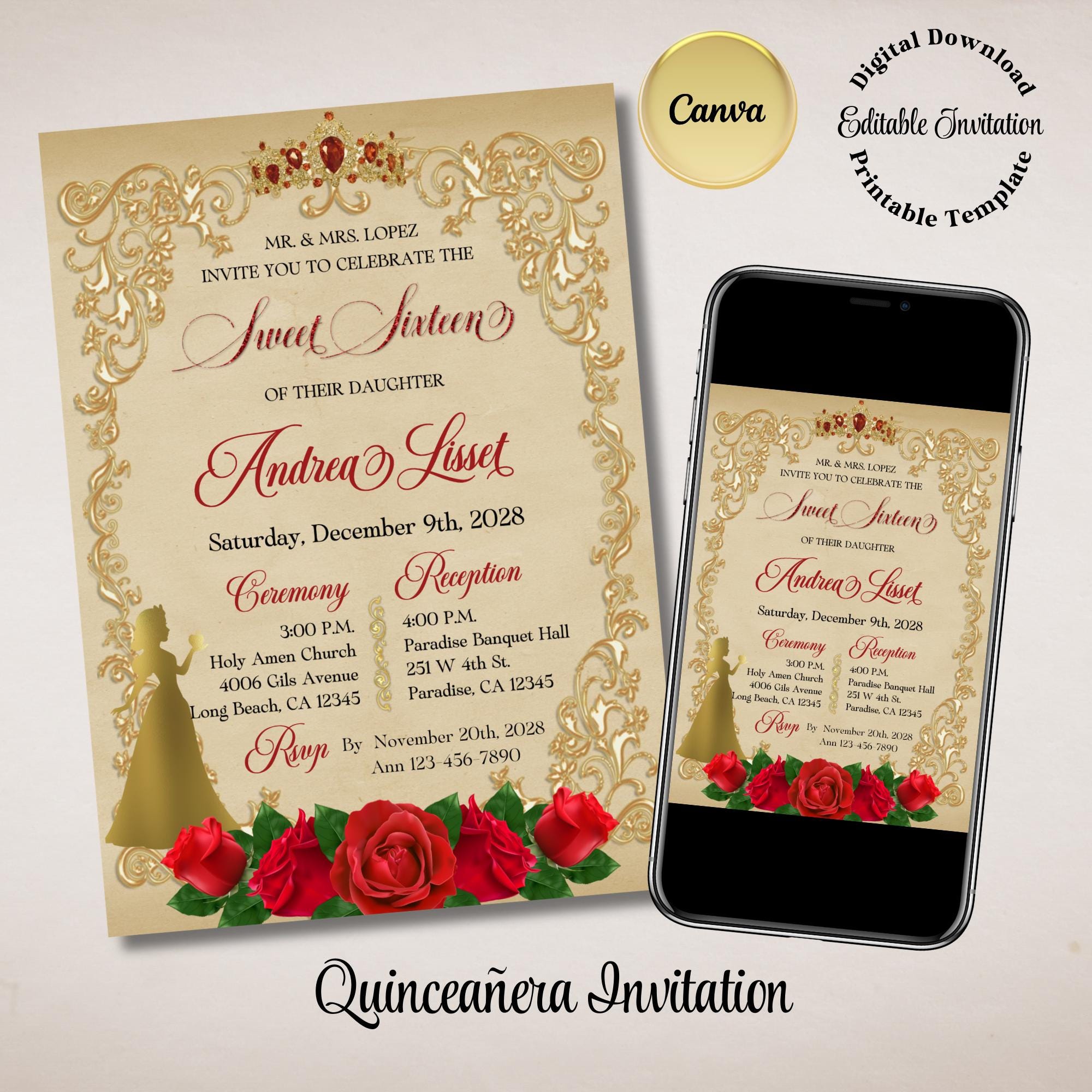 Snow White Sweet Sixteen Invitation: Editable Canva Template (5x7