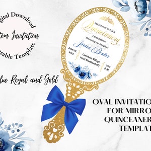 Royal Blue and Gold Custom Oval Invitation Template for Mirror Quinceanera Template PDF, JPG, PNG,  Invitation Template, Instant Download
