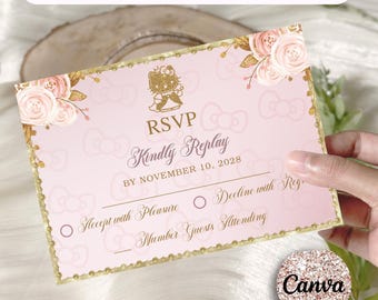 Sweet 16 Pink Gold Kitty RSVP Card Template (3.5x5"), Editable Canva Download