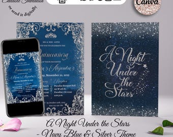 A Night Under the Stars, Silver and navy blue, Quinceanera Editable Invitation, 5x7 Include Back Side, Starry Night, Canva Template