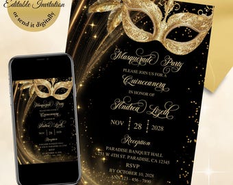 Black Gold Masquerade Invitation, Quinceanera, Sweet 16, Mardi Gras Ball (Canva Template)