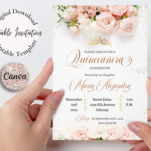 Editable Quinceanera Invitation Blush Pink, canva template, Floral Blush Pink Invitation, quince invites, mis quince, xv invitations.
