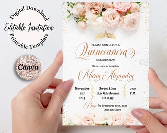 May include: A white and gold Quinceañera invitation with a floral design. The invitation includes the text "Please join us for a Quinceañera Celebration" and the name "Maria Alejandra". The date and time of the event are listed as "November 2nd, 2023 at 7:00 P.M.". The location is listed as "Sweet Salon, 1234 Gils Avenue, CA12345". The RSVP date is listed as "September 20th, 2023".