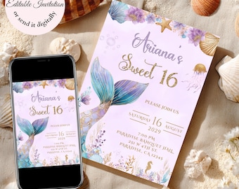 Mermaid Tail Invitation Purple and Teal: Under the Sea Sweet 16, Quinceañera (Canva Editable, Digital Download)