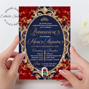 Invito per Quinceanera, invito a La Bella e la Bestia, modello modificabile, un lato 5x7", rose rosse, blu navy e oro, invito digitale