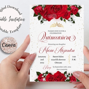 5x7&quot; Quinceanera Invitation Red Roses Editable in Canva, Quince Invites, 15th Birthday, Sweet 16 Invitation, Red and gold Floral Invitation.