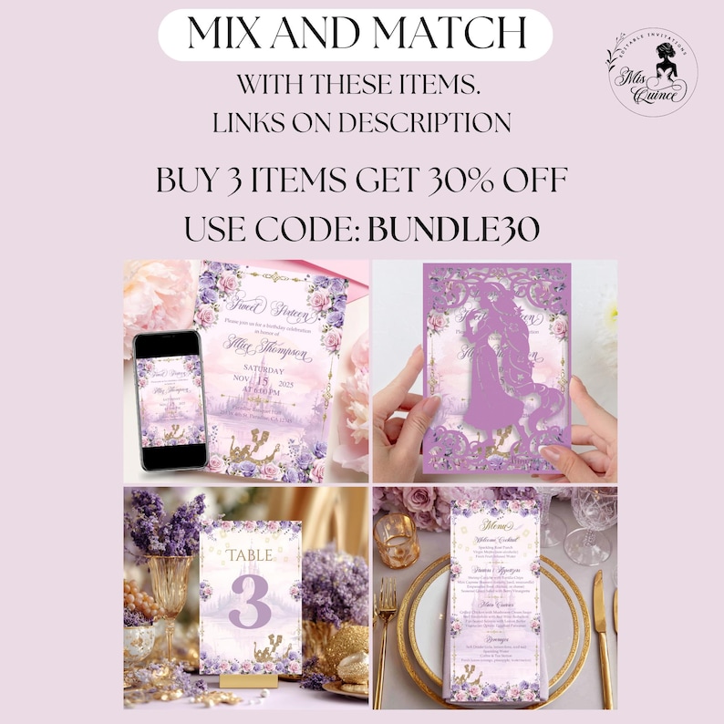 May include: A promotional image for party supplies. The image features a smartphone, invitation, table number, and menu card with floral and crown designs. Text includes "MIX AND MATCH", "BUY 3 ITEMS GET 30% OFF", and "USE CODE: BUNDLE30".