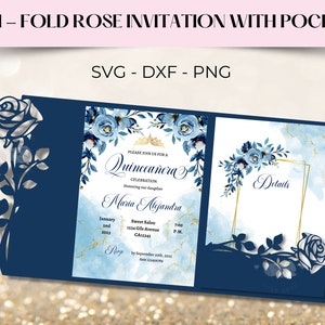 Laser Cut Vorlage 5x7 Tri Fold Roses Einladung SVG, DXF, PNG, Quinceanera Einladung, Rose Tasche Umschlag svg, Mis Quince Einladung,