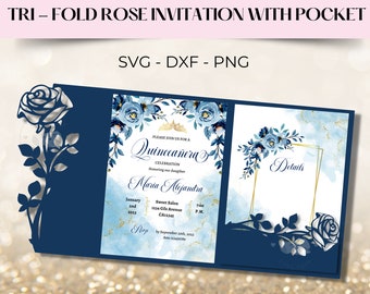 5x7 Trifold Invitation Roses SVG, DXF, PNG, Quinceanera Invitation, Rose pocket envelope svg, Mis quince invitation, laser cut invitation