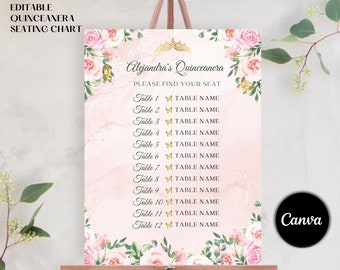 Quinceanera Sitzplanvorlage: Blush Pink & Gold (Canva bearbeitbar, digitaler Download)