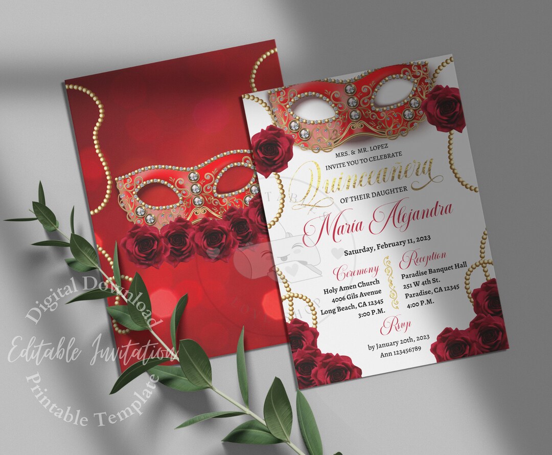 5x7 Masquerade Mardi Gras Quinceanera Invitation Include Back Side Red and Gold Mardi Gras
