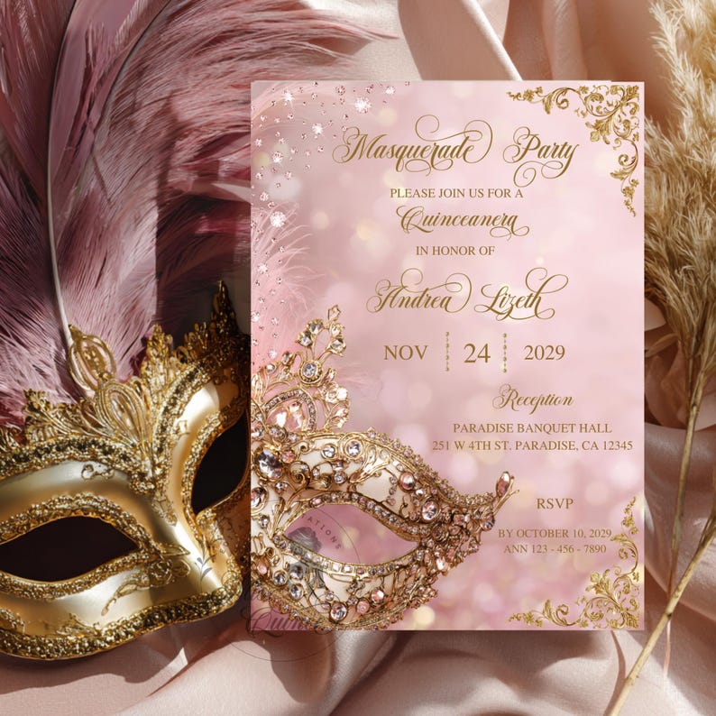 May include: A pink and gold Masquerade Party invitation for a Quincea&ntilde;era. The invitation features a gold mask with jewels, elegant script, and the event details: date, time, and location. Decorative feathers and a gold mask are in the background.