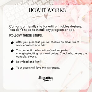 May include: A pink and white floral background with a white text box that says "HOW IT WORKS". The text box is followed by instructions on how to edit a printable design using Canva. The instructions include a link to Canva's website and a list of steps to follow.