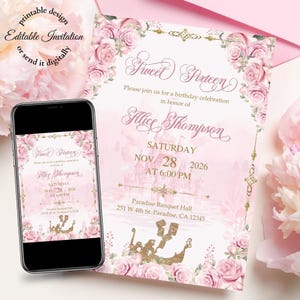 Rapunzel Sweet 16einladung Soft Pink und Gold, verschlungene Einladung, Sweet sweet sechzehn, Quitteneinladung, digitale Einladung, bearbeitbare Vorlage