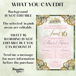 Op de afbeelding: Een roze en groene printbare uitnodiging voor een Sweet 16 feest. De uitnodiging heeft een gouden kroon en bloemmotieven. De tekst luidt "Sweet 16" en "Alice & Marie". De uitnodiging bevat details voor de ceremonie en receptie, inclusief datum, tijd en locatie. RSVP-informatie is ook inbegrepen.