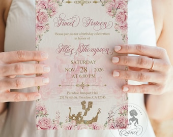 Rapunzel Quinceañera Invitation, Pink & Gold, Editable Template (Digital)