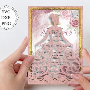 Cricut Einladung SVG Quinceanera Kleid Pocket Template, 5x7 Quinceanera-Einladung, PNG DXF Laser Cut Einladung Mis quince, quitte lädt ein