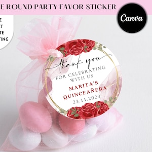 Sticker feestbedankjes quinceanera, rode rozen en goud, bewerkbare canvassjabloon, rond bedankkaartje 2&quot;, bedanklabels voor quinceanera.