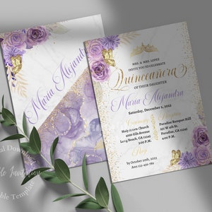 Lilac and Gold Quinceanera Invitation, Double Sided, Editable Canva Template, Lilac Flowers, Gold Butterflies, Mis Quince, 15th Birthday.