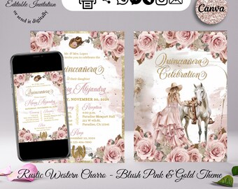 Quinceañera Cowgirl Invitation: Blush Pink Western Theme (Canva, Instant Download)