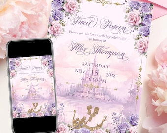 Rapunzel Sweet 16 Invitation: Tangled Lanterns, Lilac Flowers (Digital Download, Editable Canva Template)