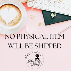 May include: Aesthetic flat lay with a cappuccino featuring heart-shaped latte art, a white keyboard, gold binder clips, and a black notebook on a pink surface. Text reads "NO PHYSICAL ITEM WILL BE SHIPPED."