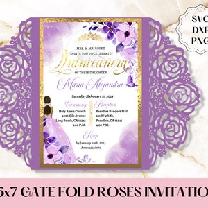 Laser cut invitation template, 5x7 Roses Gate Fold Quince invitations, Roses Invitation Svg. Mis quince, Sweet 16 invitation. cricut svg