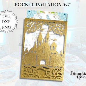 5x7&quot; Castle Pocket Invitation, Quinceanera Invitation Fairy Tale Castle, Envelope Template, Princess Invitation, Laser Cut quince invites