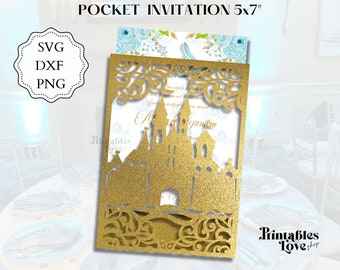 5x7" Castle Pocket Invitation, Quinceanera Invitation Fairy Tale Castle, Envelope Template, Princess Invitation, Laser Cut quince invites