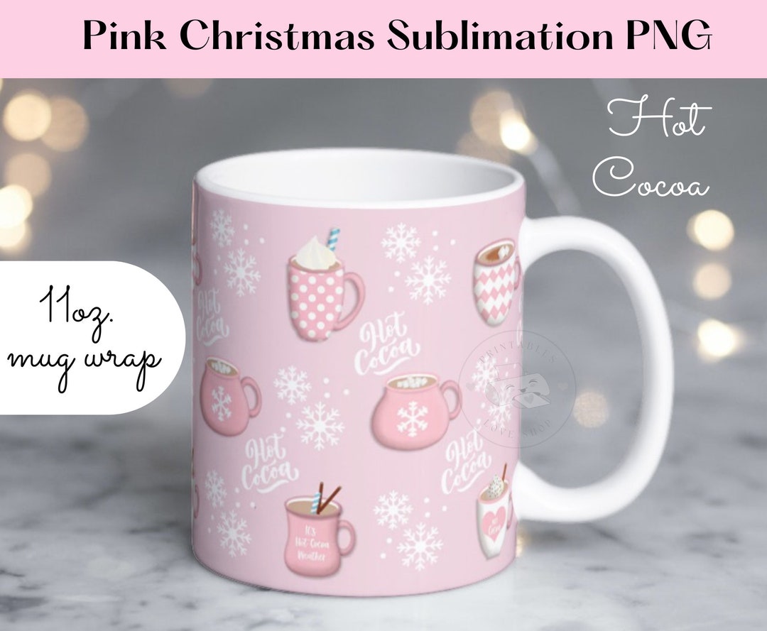 Pink Christmas Mug Wrap PNG, Hot Cocoa Mug Template, Christmas Cliparts
