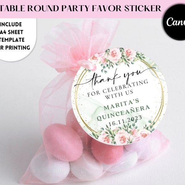 Party Favor Tag for Quinceanera, Enchanted Forest, Pink Floral, editable Canva Template, Round Favor Tag 2", quinceanera thank you labels.
