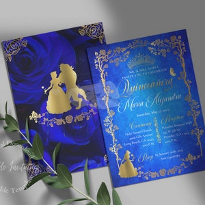 Faire-part de coing La Belle et la bête Faire-part de Quinceanera modifiable avec verso, invitations de Quinceanera bleu roi et or, imprimable