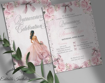 May include: A blush pink and silver Quinceañera invitation with a floral design. The invitation features a silhouetted image of a young woman in a pink dress. The text on the invitation reads "Quinceañera Celebration" and "Alexandra Lopez". The invitation also includes the date and time of the event, as well as the location of the ceremony and reception.