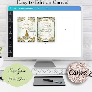 Op de afbeelding: Een computerscherm met een Canva-ontwerptemplate voor een Sweet 16-uitnodiging. De uitnodiging heeft een sagegroen en gouden kleurenschema met een prinsessen-thema. De tekst op de uitnodiging luidt "Sweet 16 Celebration".