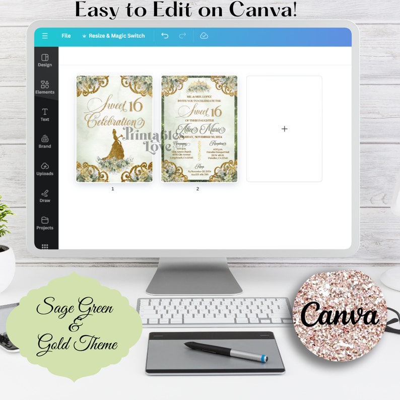 Op de afbeelding: Een computerscherm met een Canva-ontwerptemplate voor een Sweet 16-uitnodiging. De uitnodiging heeft een sagegroen en gouden kleurenschema met een prinsessen-thema. De tekst op de uitnodiging luidt "Sweet 16 Celebration".