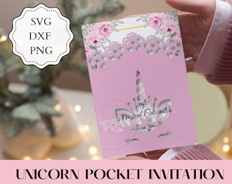 5x7 Unicorn Invitation SVG, DXF, PNG. Envelope template, Pocket Card Invitation, Girl Invitation svg, Unicorn cut file, Digital Download