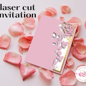 Invito SVG con rosa tagliata al laser, busta per invito con rosa piegata, dimensioni 5x7", invito Quinceanera tagliato al laser. Download digitale,