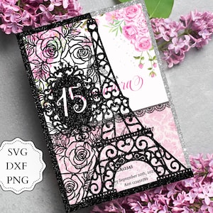 Convite de bolso 5x7 Torre Eiffel Quinceanera SVG, PNG, DXF, convite de Paris, Torre Eiffel Svg, cartão de Paris Cricut, cartão de Paris cortado a laser.