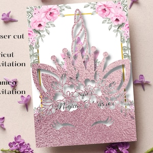Convite Svg Unicórnio cortado a laser. DXF, PNG. Convite para cartão de bolso 5x7. Festa de aniversário do unicórnio, meu marmelo. Convite Quinceanera.