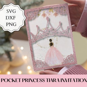 Invitación de quinceañera con corona de 5 x 7" SVG, PNG, DXF, invitación de bolsillo, invitación de princesa svg, invitación de tiara svg, invitación cortada con láser de 15