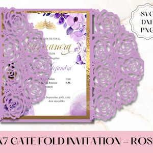 7x7 Gate Fold Quinceanera Invitation Roses SVG DXF PNG. Roses Invitation Svg. Mis quince, Sweet 16 invitation. Cricut Silhouette Invitation