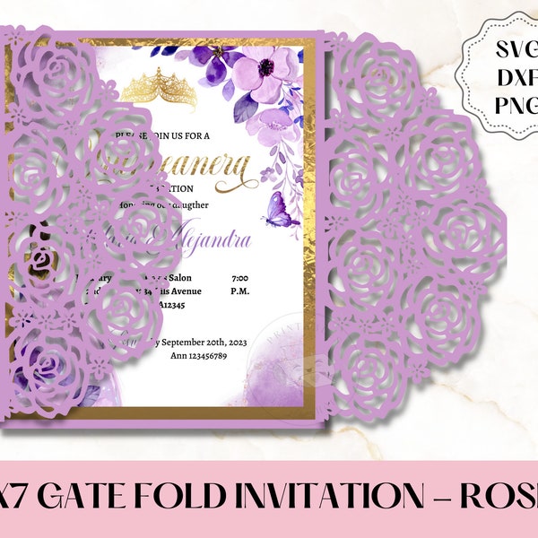 7x7 Gate Fold Quinceanera Invitation Roses SVG DXF PNG. Roses Invitation Svg. Mis quince, Sweet 16 invitation. Cricut Silhouette Invitation