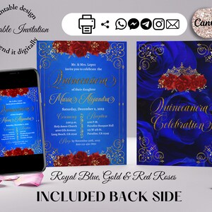 Quinceanera Invitation royal blue, gold and floral red, editable invitation, canva template, quince invitation, digital invitation.