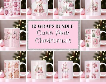 christmas watercolor Bundle Cute Pink christmas mug png, 11oz mug wrap designs, coffee mug wrap, christmas mug wrap, christmas sublimation
