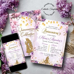 Invitación de Rapunzel para Quinceañera: Princesa Enredada, Flores Lilas (Invitación Digital)
