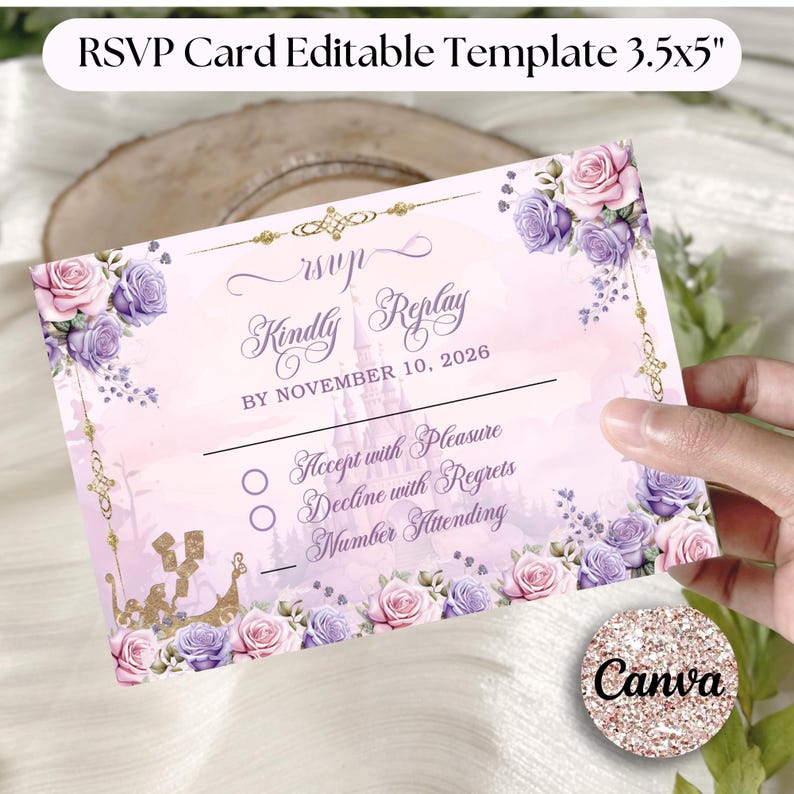 May include: A pink and purple RSVP card template with floral and castle illustrations. The card includes the text "Kindly Replay" and "BY NOVEMBER 10, 2026". The card is 3.5 x 5 inches.